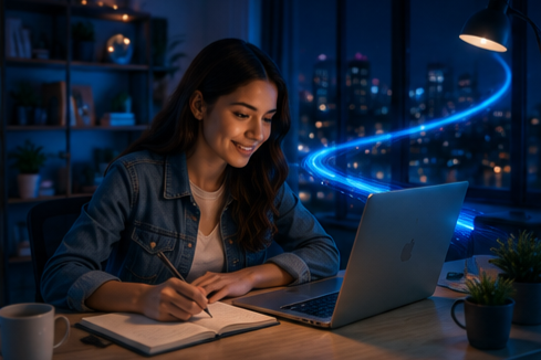 Persona estudiando desde casa con conexión de fibra óptica